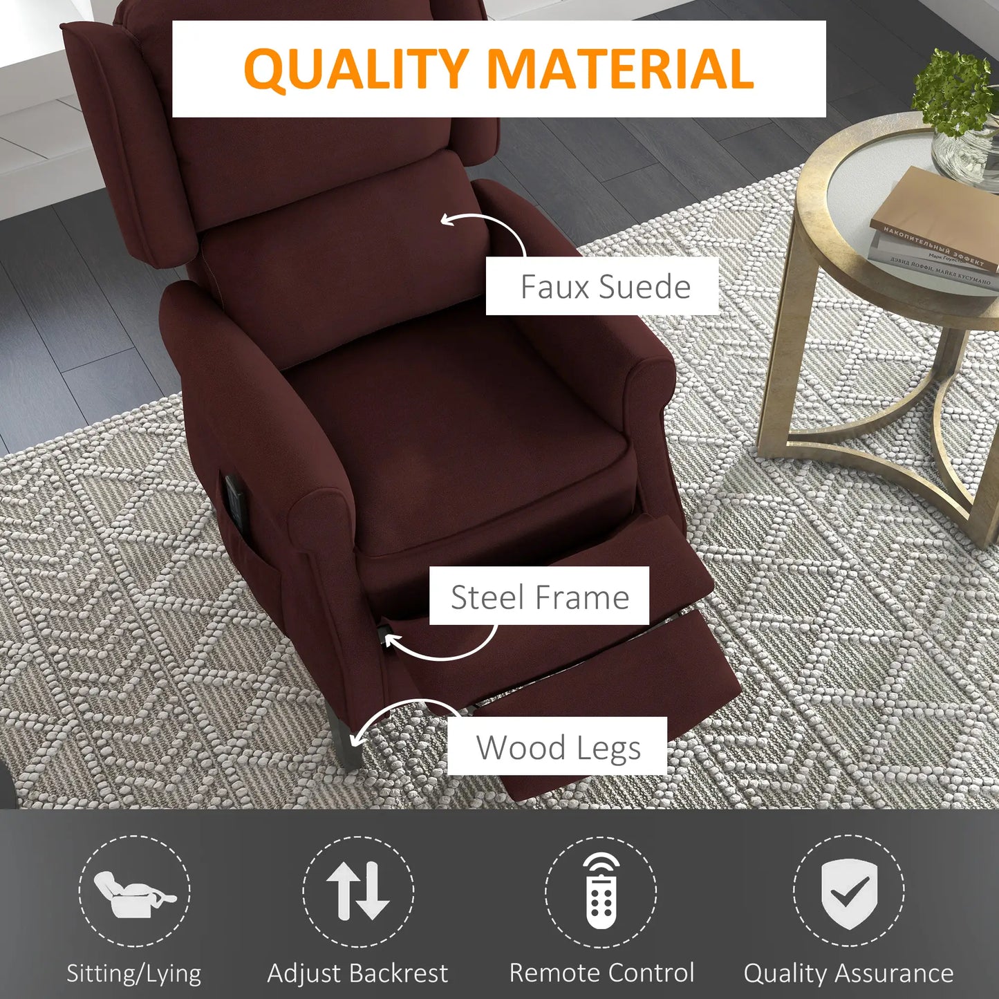 Push Back Recliner Chair, Vibration Massage, Extendable Footrest, Remote, Brown Single Sofas at Gallery Canada