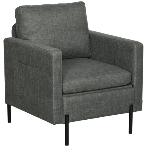 Modern Fabric Accent Armchair, Metal Legs, 2 Side Pockets, Grey
