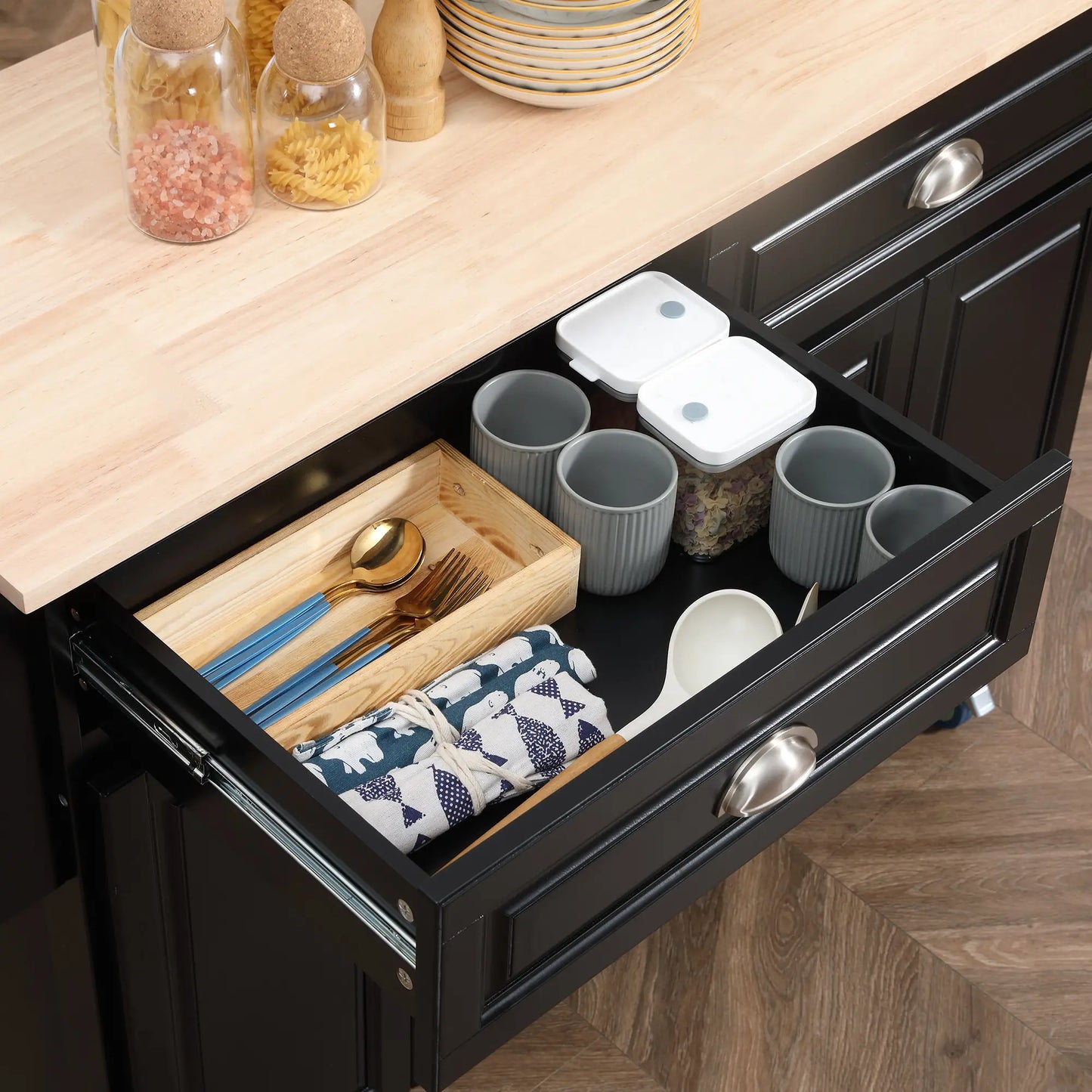 Kitchen Island with Storage, Drop Leaf, Rubber Wood Top, Black Kitchen Islands & Kitchen Carts at Gallery Canada