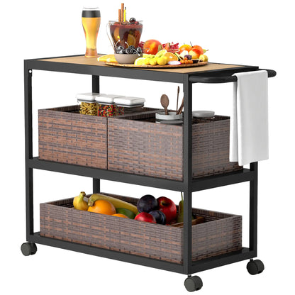 Outdoor Bar Cart, 3-Tier Rolling Cart With Removable Rattan Basket, Mixed-Brown Outdoor Grill Carts at Gallery Canada