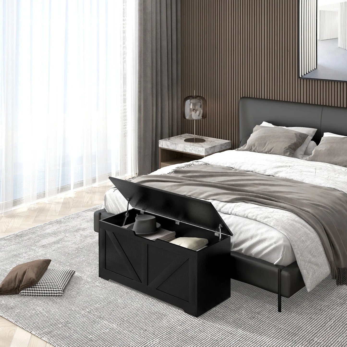 39.4 Inches Storage Chest, Wooden Box with Safety Hinges, Wood Grain, Black Storage Cabinets at Gallery Canada