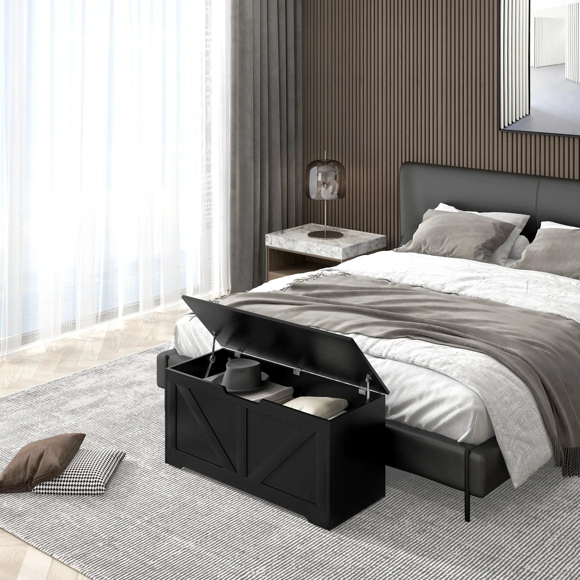 39.4 Inches Storage Chest, Wooden Box with Safety Hinges, Wood Grain, Black Storage Cabinets at Gallery Canada