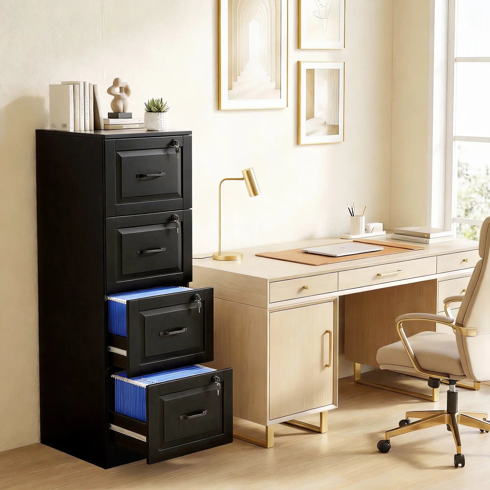 4 Drawer File Cabinet With Lock, Adjustable Hanging Bars, Black Office Cabinets & Cupboards at Gallery Canada