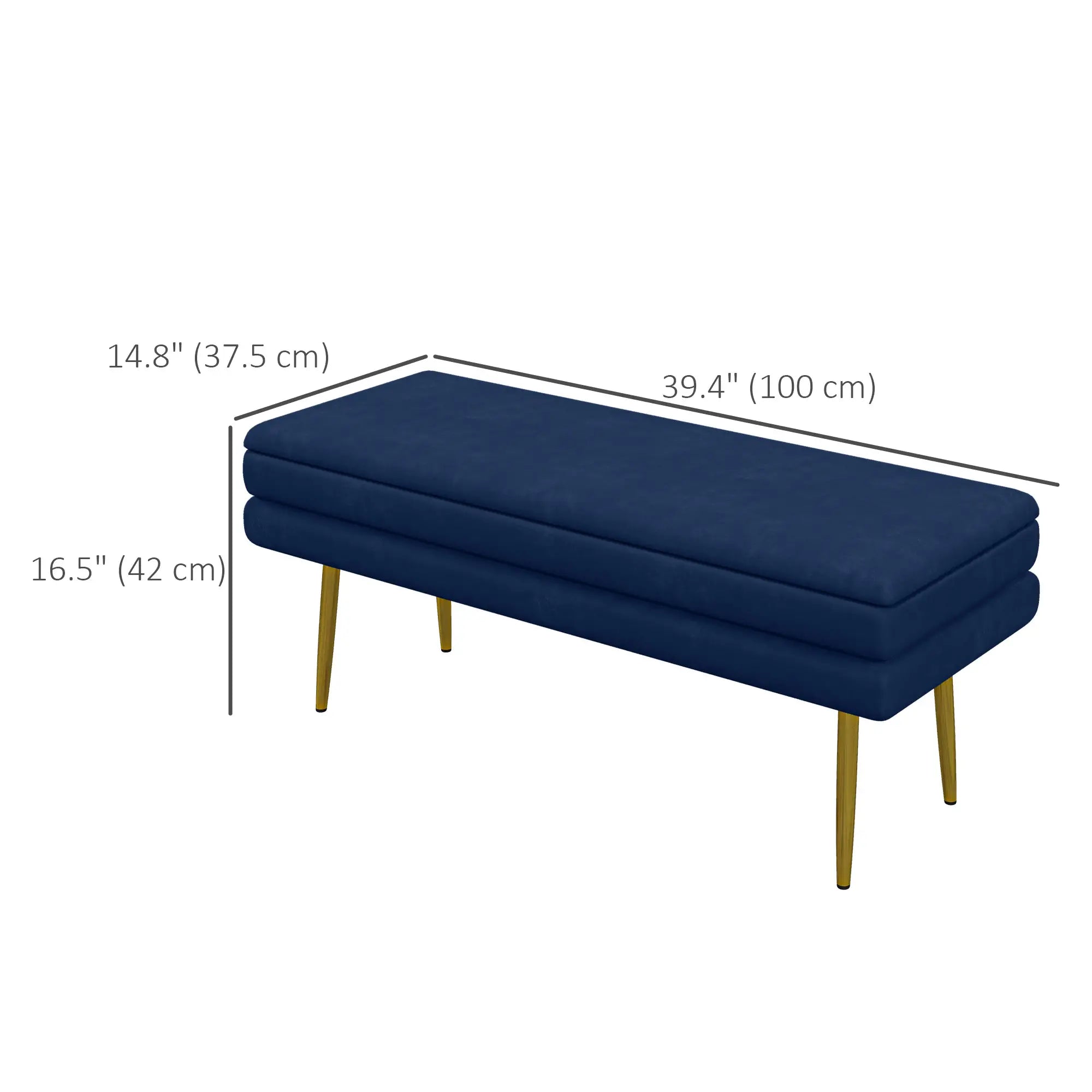 Velvet Upholstered Bench, Thick Padded Seat, Steel Legs, Dark Blue Storage Ottomans & Benches at Gallery Canada