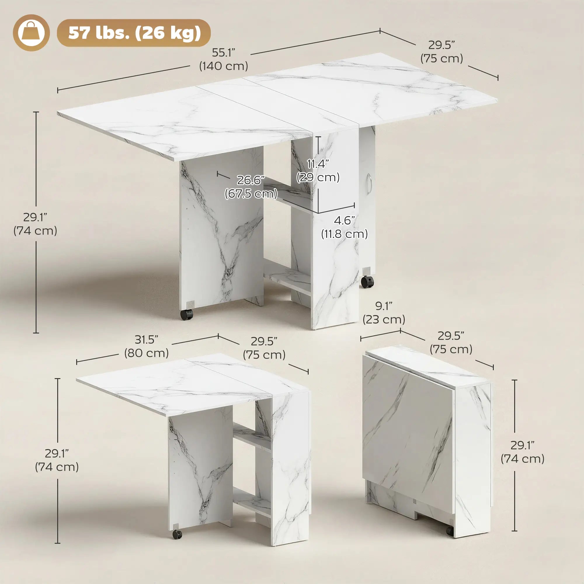 Extendable Dining Table, Marble White, Collapsible With Shelves, White Dining Tables at Gallery Canada