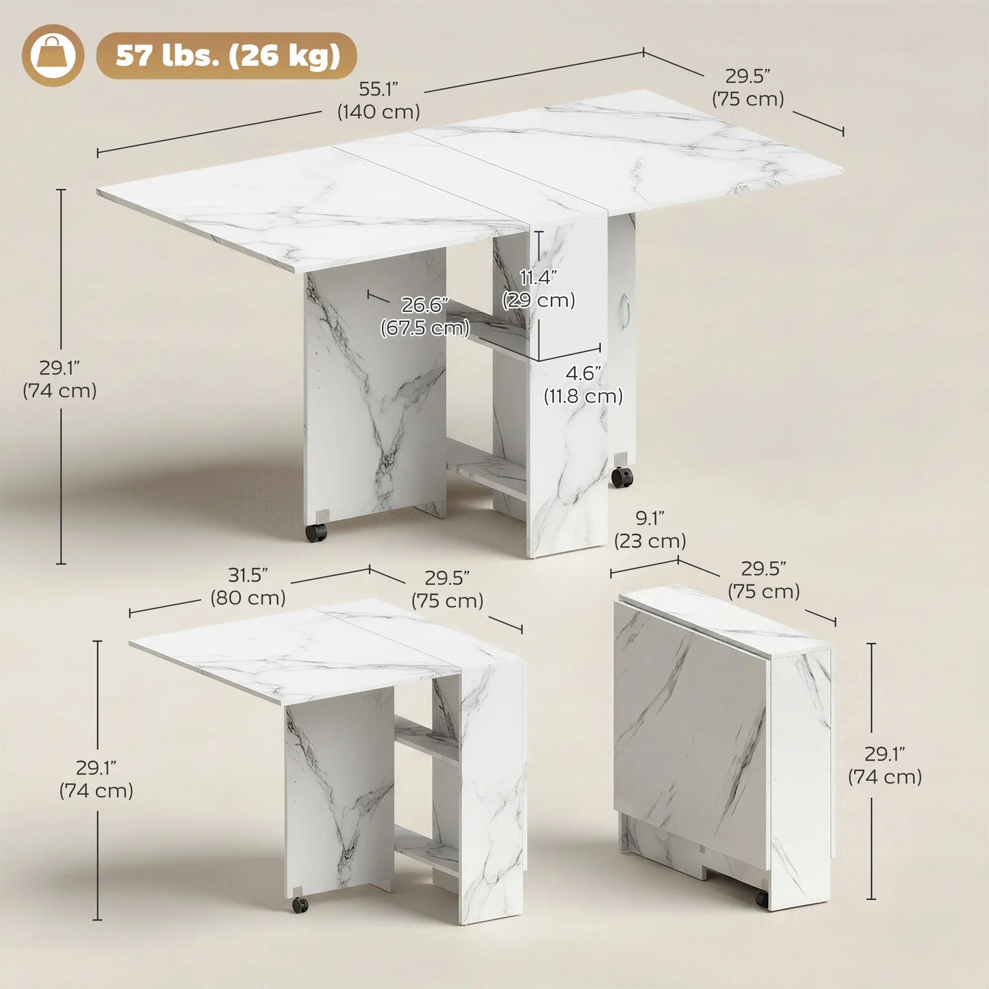 Extendable Dining Table, Marble White, Collapsible With Shelves, White Dining Tables at Gallery Canada