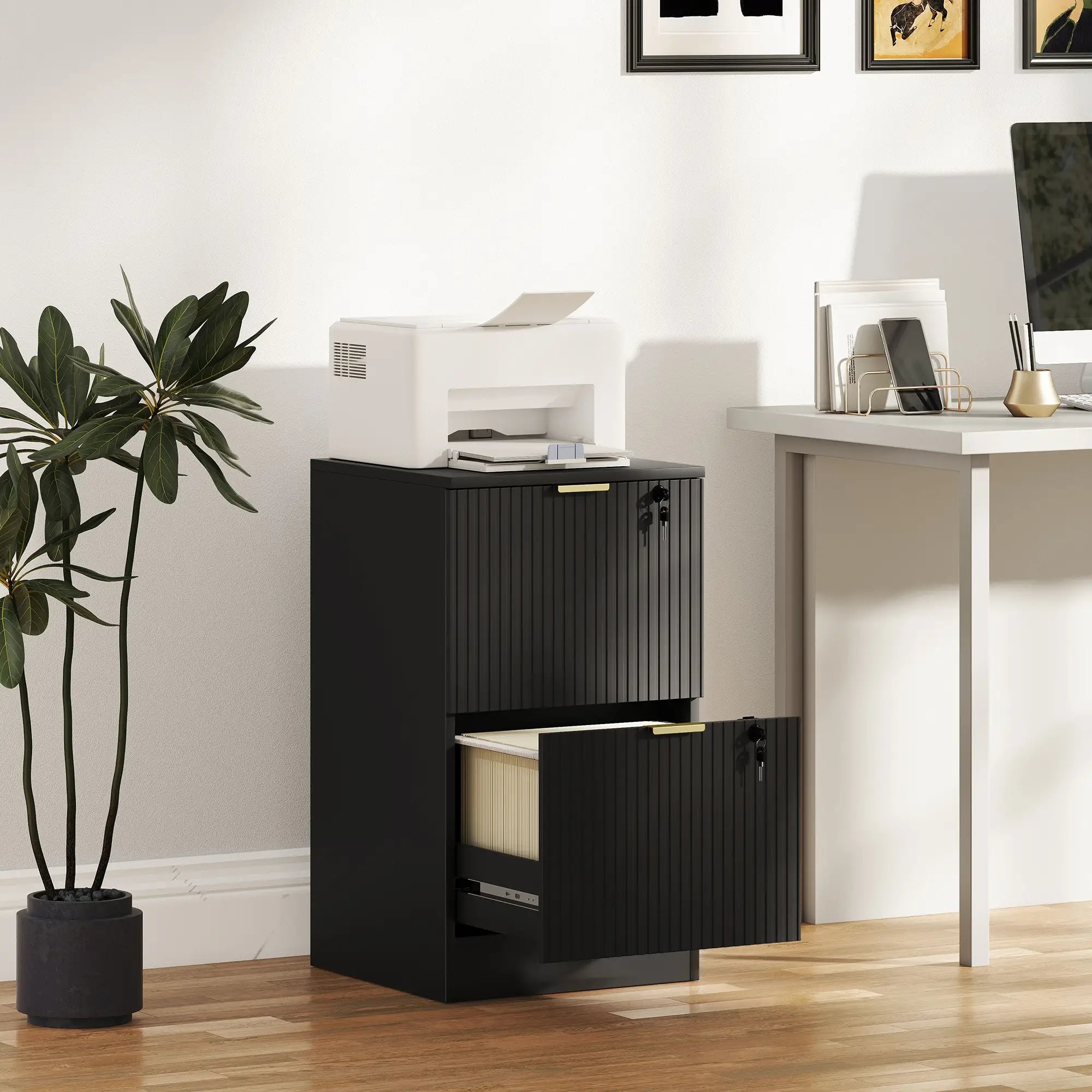 Lockable Filing Cabinet, 2 Fluted Drawers, Adjustable Hanging Rails, Black Office Cabinets & Cupboards at Gallery Canada