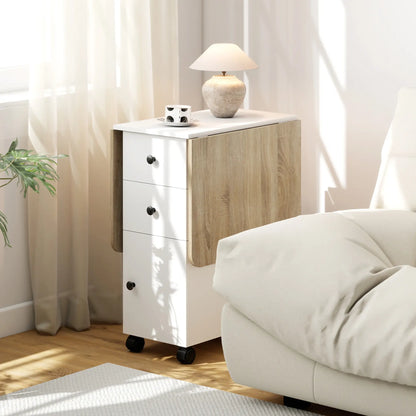 Mobile Drop Leaf Dining Table On Wheels, White And Oak, White