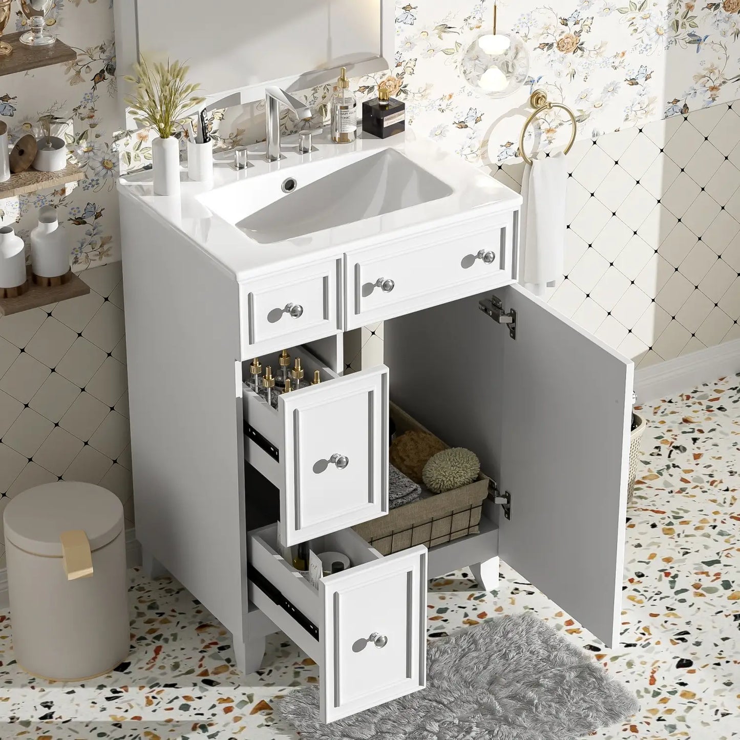 Bathroom Vanity Cabinet, 2 Drawers, Ceramic Sink, Solid Wood, 24" L x 18.5" W x 34.5" H, White Sink Cabinets at Gallery Canada