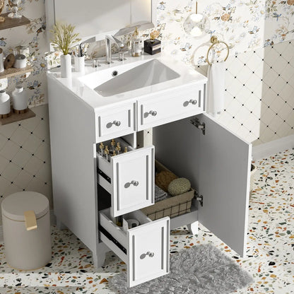 Bathroom Vanity Cabinet, 2 Drawers, Ceramic Sink, Solid Wood, 24" L x 18.5" W x 34.5" H, White Sink Cabinets at Gallery Canada