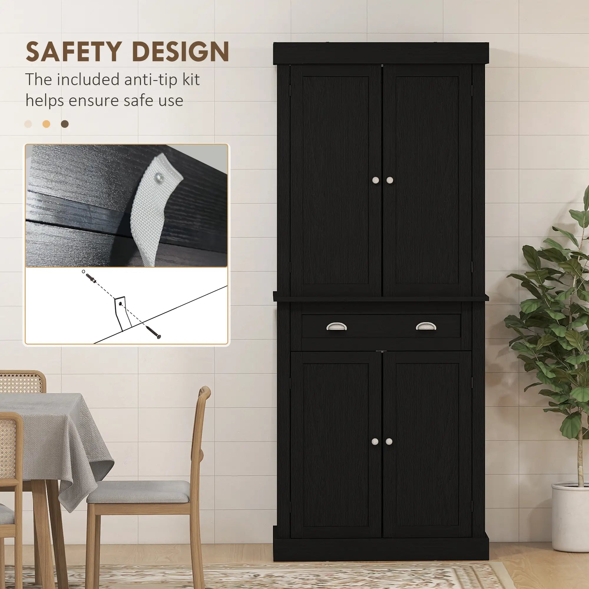 72 Inch Tall Pantry Cabinet, 4 Door Kitchen Storage, Black Wood Grain, Black Kitchen Pantry Cabinets at Gallery Canada