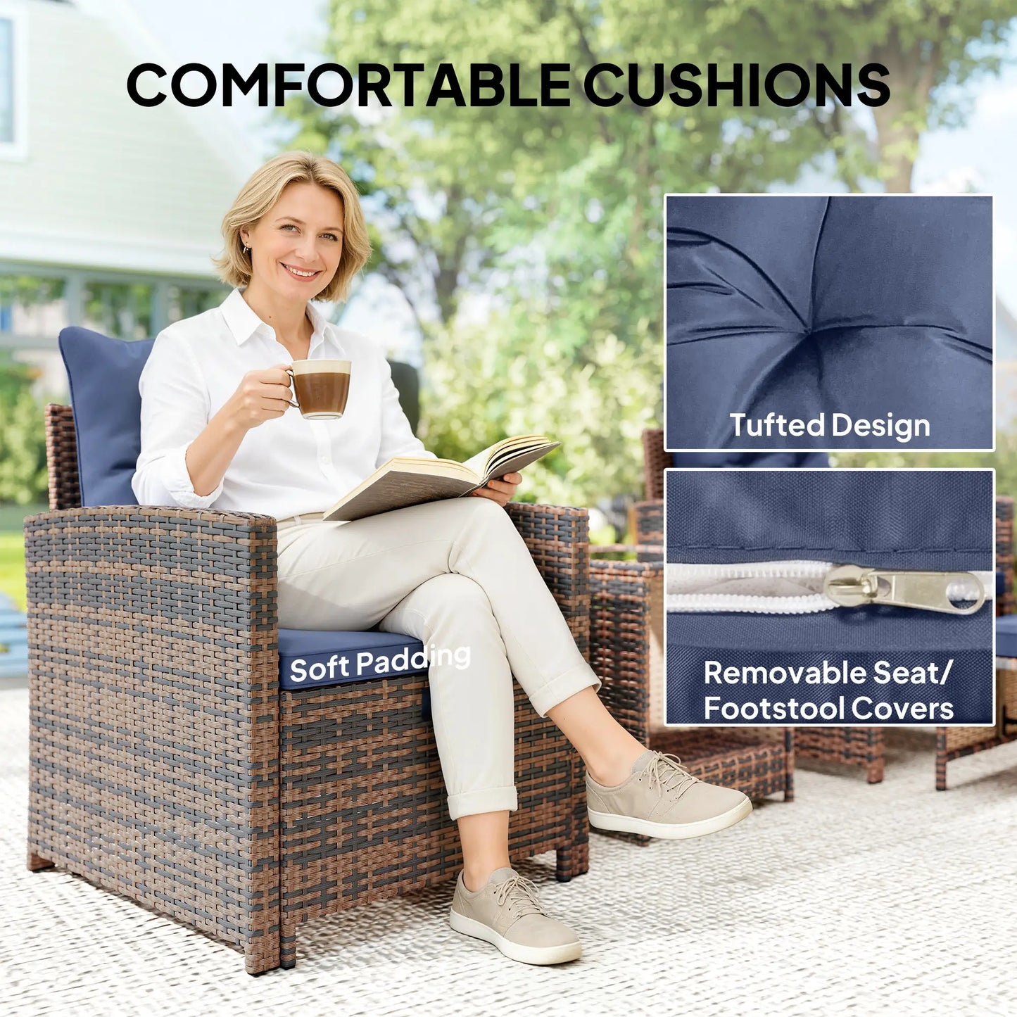 5 Piece Patio Set, Wicker Chairs With Ottomans, Glass Coffee Table, Brown/Dark Blue Patio Furniture Sets at Gallery Canada