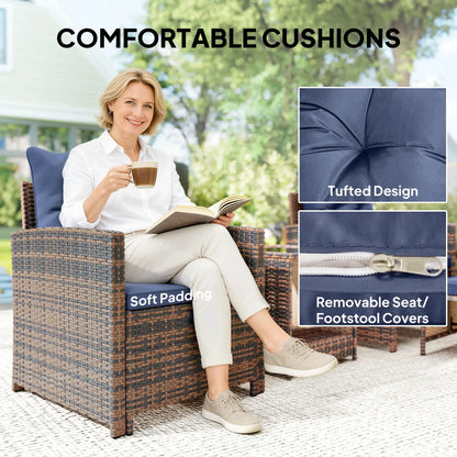 5 Piece Patio Set, Wicker Chairs With Ottomans, Glass Coffee Table, Brown/Dark Blue Patio Furniture Sets at Gallery Canada