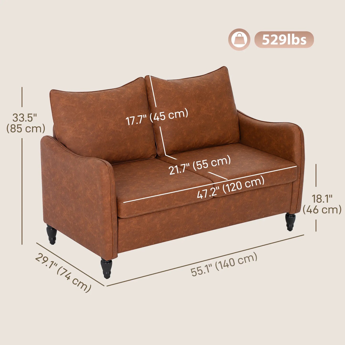 55" Loveseat Sofa, 2 Seater with Wood Legs, PU Leather, Brown 2-Seater Sofas at Gallery Canada