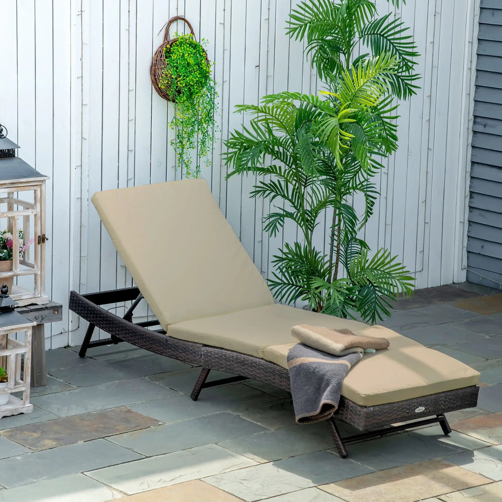 Wicker Patio Lounger, Outdoor Recliner w/ Adjustable Backrest, Khaki Chaise Loungers at Gallery Canada