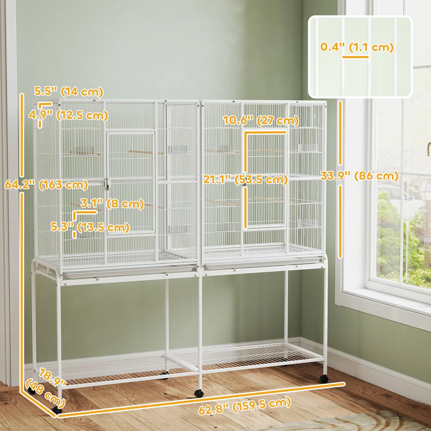 64" Large Rolling Bird Cage, Detachable Stand, Storage Shelf, White Bird Cages at Gallery Canada