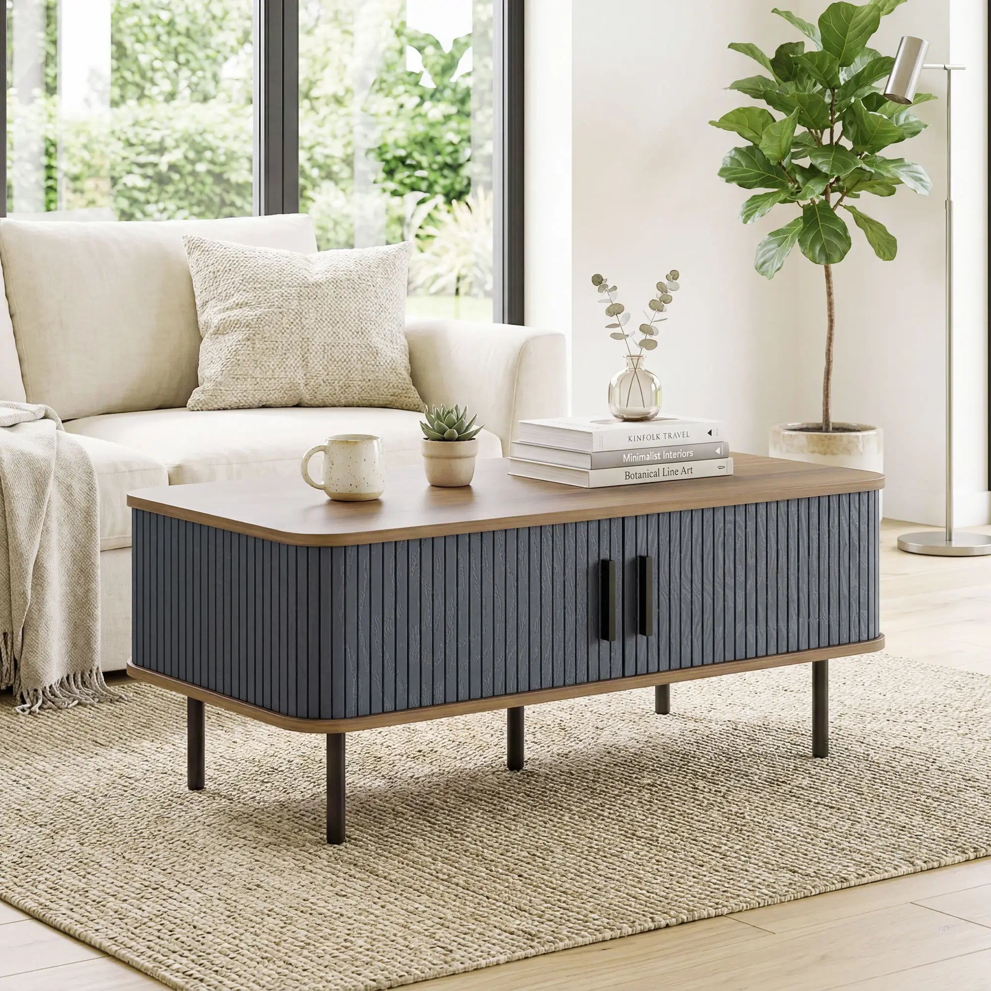 Nordic Side Table with Fluted Tambour Sliding Doors and Steel Legs, Coffee Table with Storage for Living Room, Black Coffee Tables at Gallery Canada