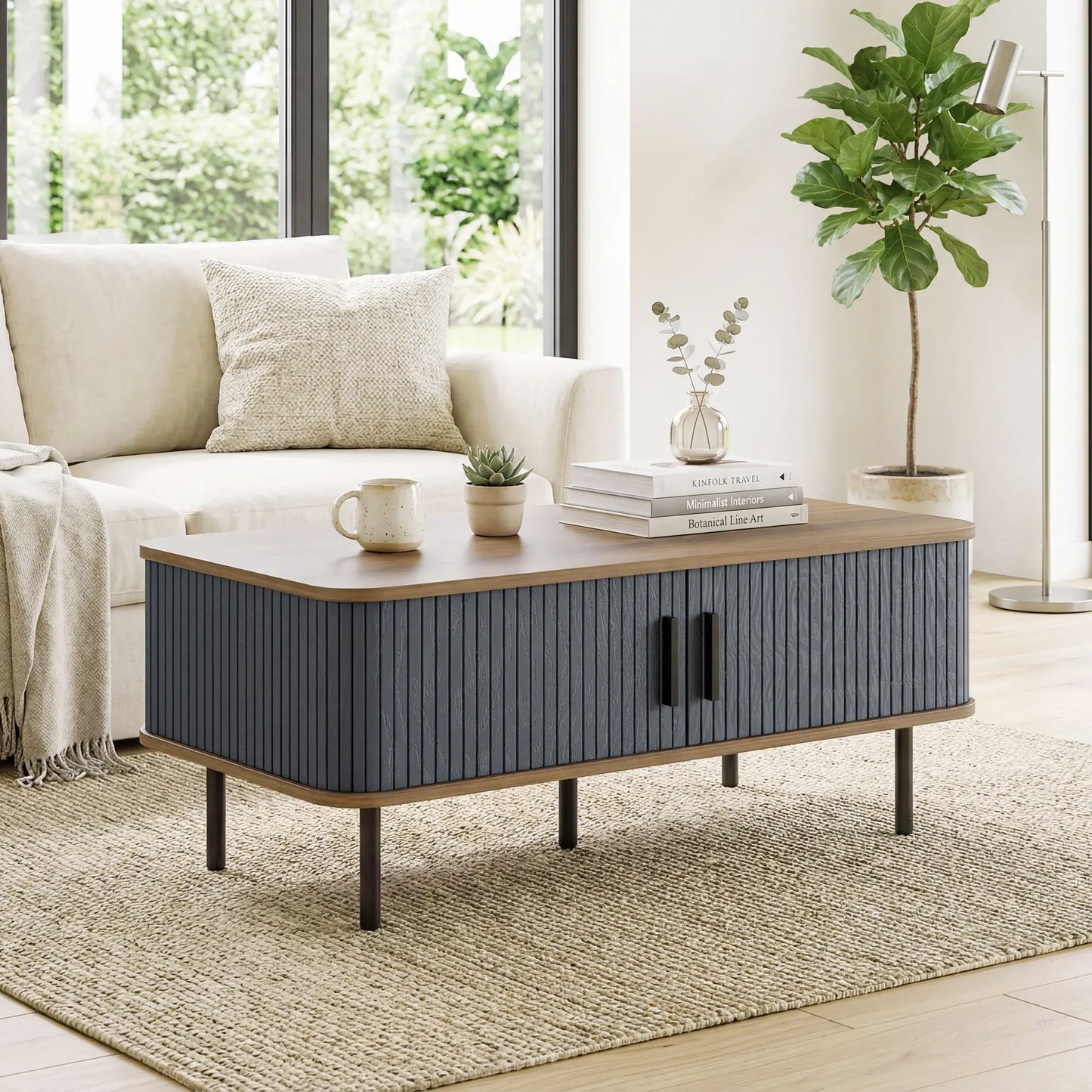 Nordic Side Table with Fluted Tambour Sliding Doors and Steel Legs, Coffee Table with Storage for Living Room, Black Coffee Tables at Gallery Canada
