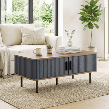 Nordic Side Table with Fluted Tambour Sliding Doors and Steel Legs, Coffee Table with Storage for Living Room, Black Coffee Tables at Gallery Canada
