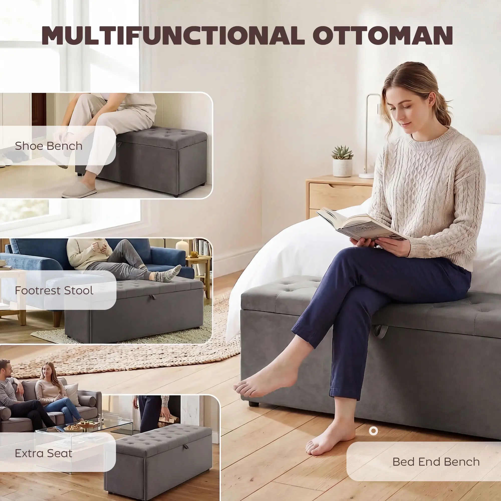 Storage Ottoman Bench, Button Tufted Velvet, Grey Storage Ottomans & Benches at Gallery Canada