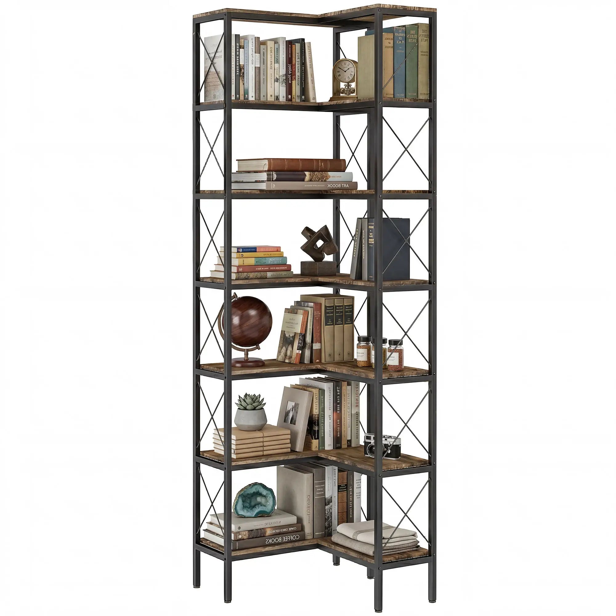 6-Tier L-Shaped Bookshelf, Freestanding Corner Bookcase with Metal Frame, Rustic Brown Display Bookshelves Rustic Brown, Black at Gallery Canada