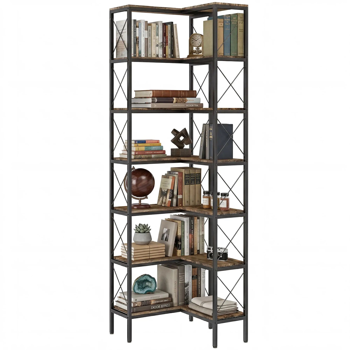 6-Tier L-Shaped Bookshelf, Freestanding Corner Bookcase with Metal Frame, Rustic Brown Display Bookshelves Rustic Brown, Black at Gallery Canada