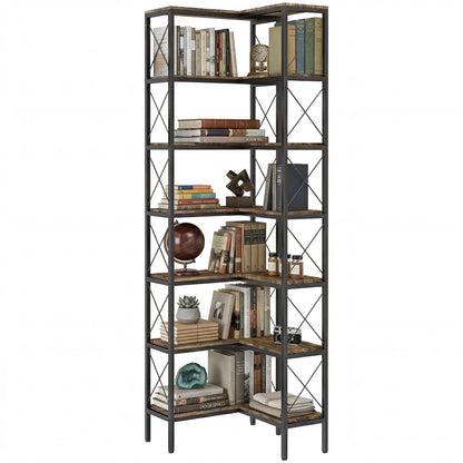 6-Tier L-Shaped Bookshelf, Freestanding Corner Bookcase with Metal Frame, Rustic Brown Display Bookshelves Rustic Brown, Black at Gallery Canada