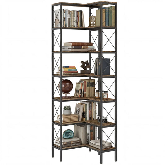 6-Tier L-Shaped Bookshelf, Freestanding Corner Bookcase with Metal Frame, Rustic Brown Display Bookshelves Rustic Brown, Black at Gallery Canada