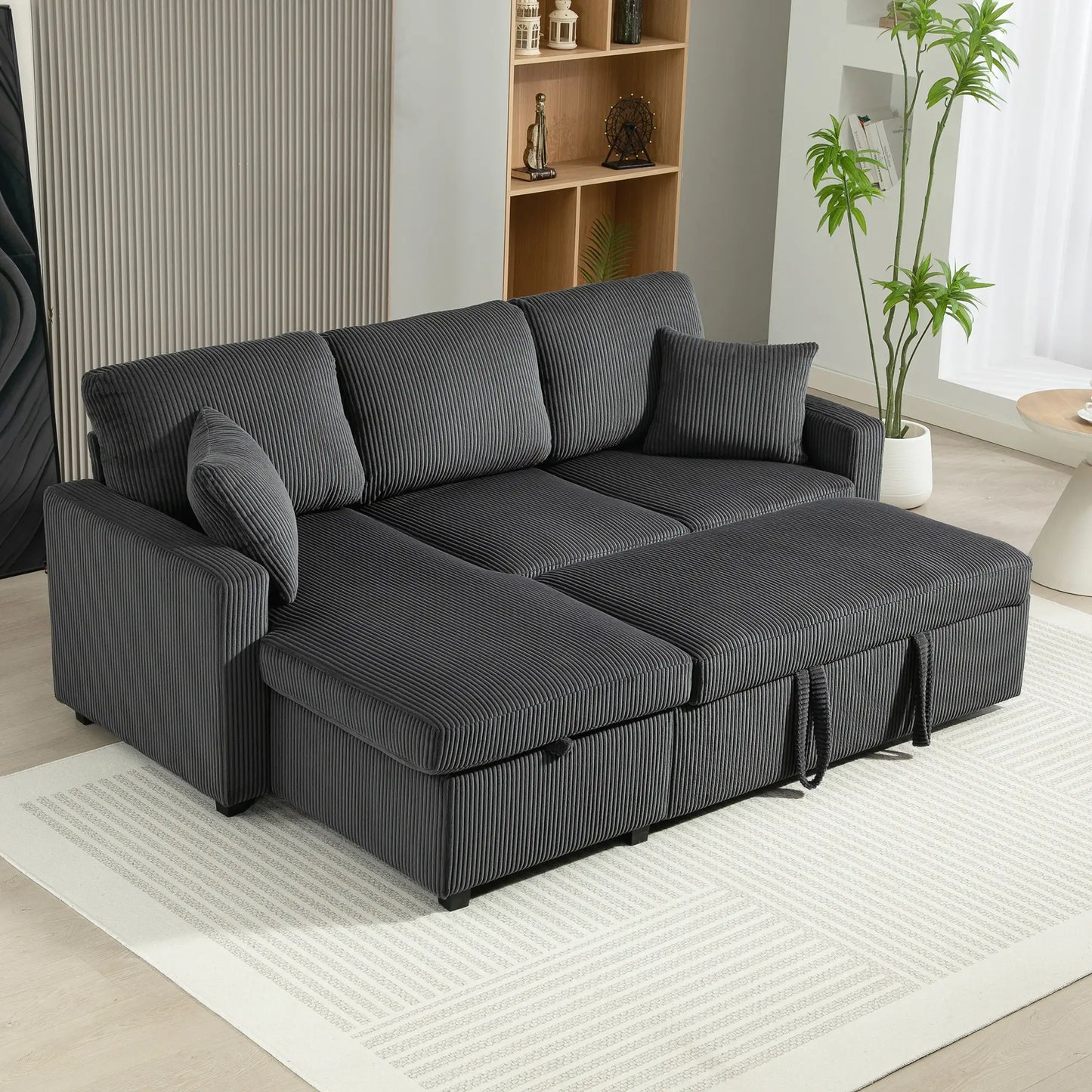 81" Sofa Bed, Pull Out Sleeper with Storage, Corduroy Convertible Couch, Dark Grey Sofas & Reclining Chairs at Gallery Canada