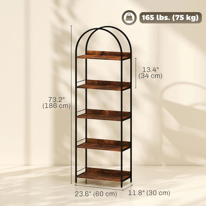 Bibliothèque voûtée de 73.2" de hauteur, 5 niveaux, industrielle, marron rustique