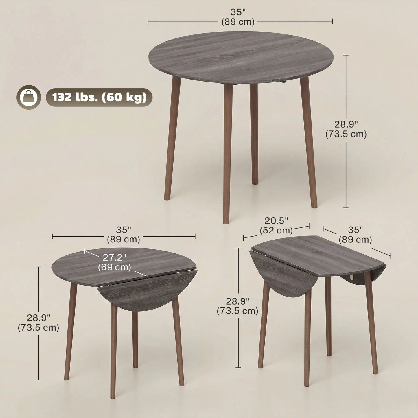 35" Folding Dining Table, Round Drop Leaf, Distressed Light Grey, Light Grey Dining Tables at Gallery Canada