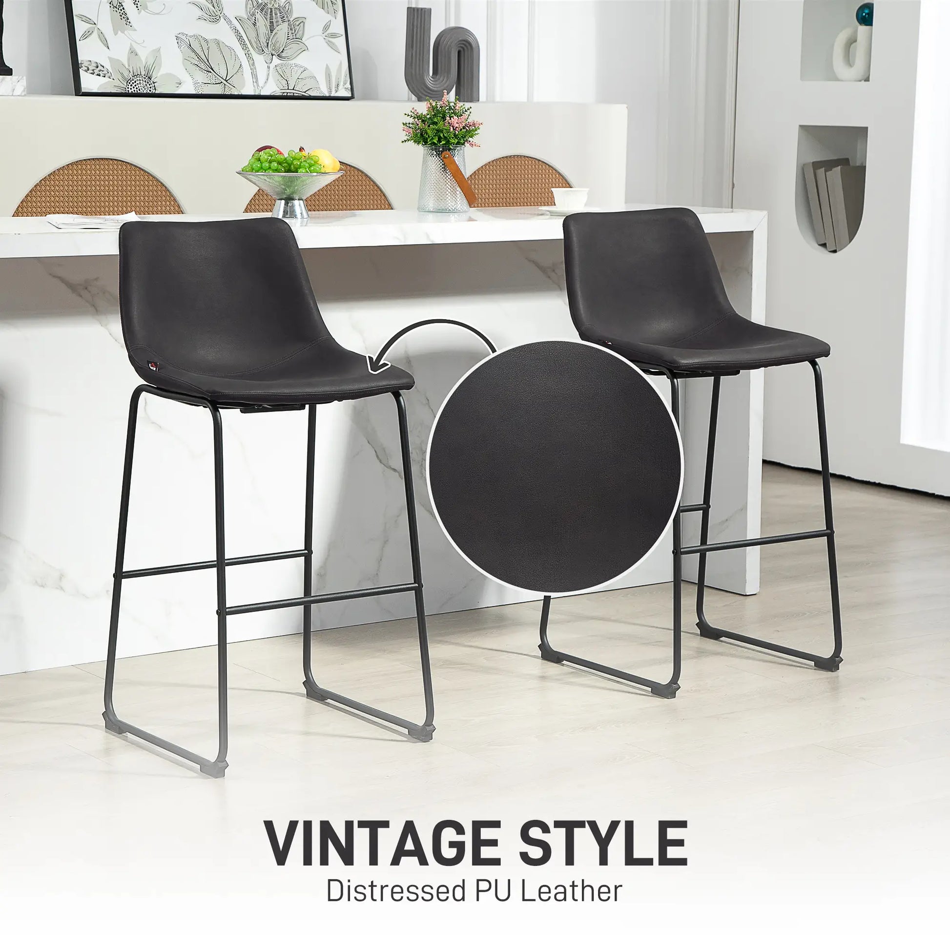 Vintage PU Leather Counter Height Bar Stools, Set of 2, Dark Brown Bar Stools at Gallery Canada