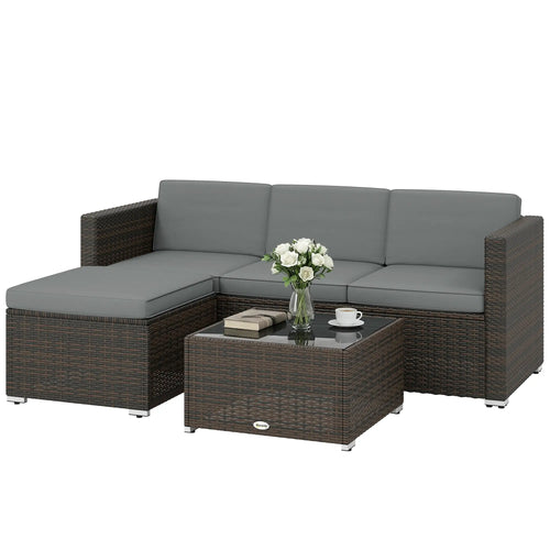 3-Piece Patio Furniture Set With Cushions, Outdoor Rattan Sofa With Glass Table