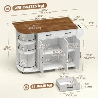 53" Kitchen Island with Outlet, Drop Leaf, Cart on Wheels, White