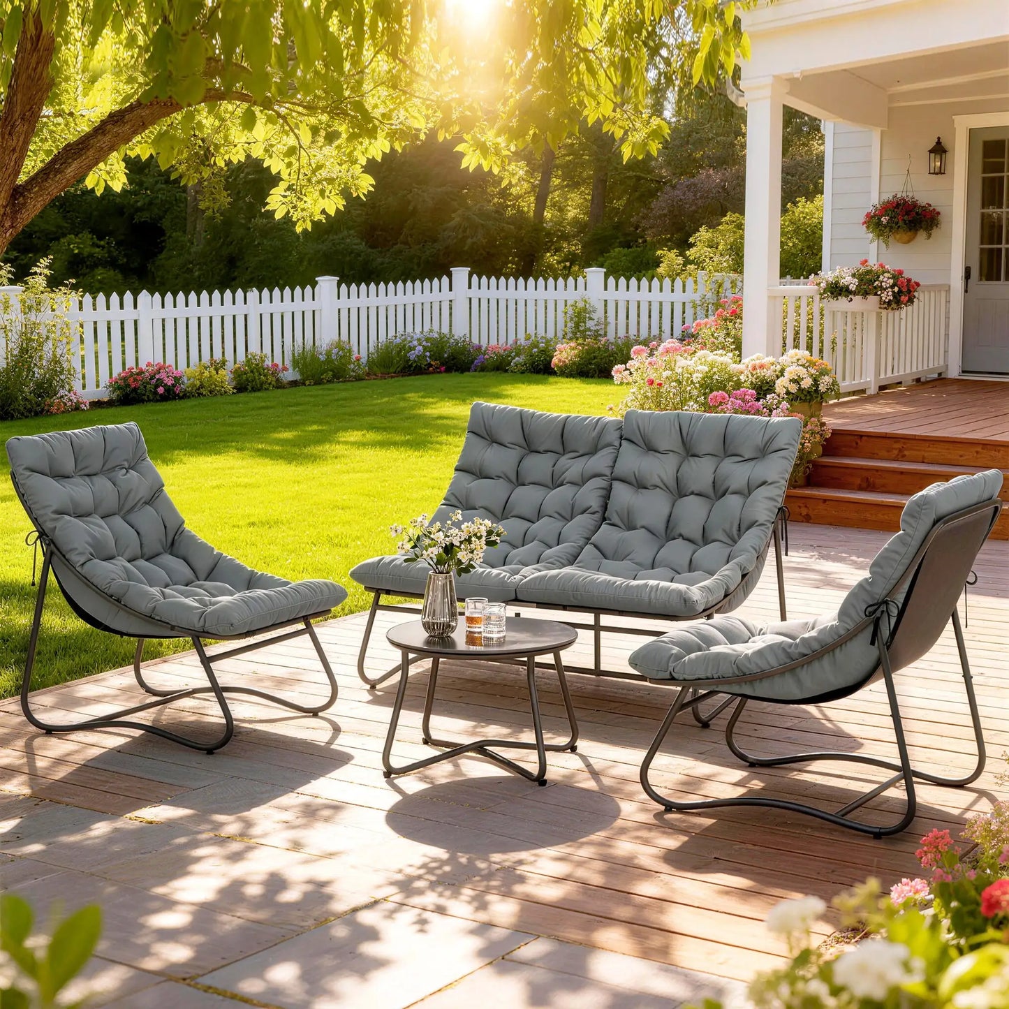 4 Piece Patio Furniture Set, Loveseat, Chairs, Round Metal Table, Cushions, Grey Patio Furniture Sets at Gallery Canada