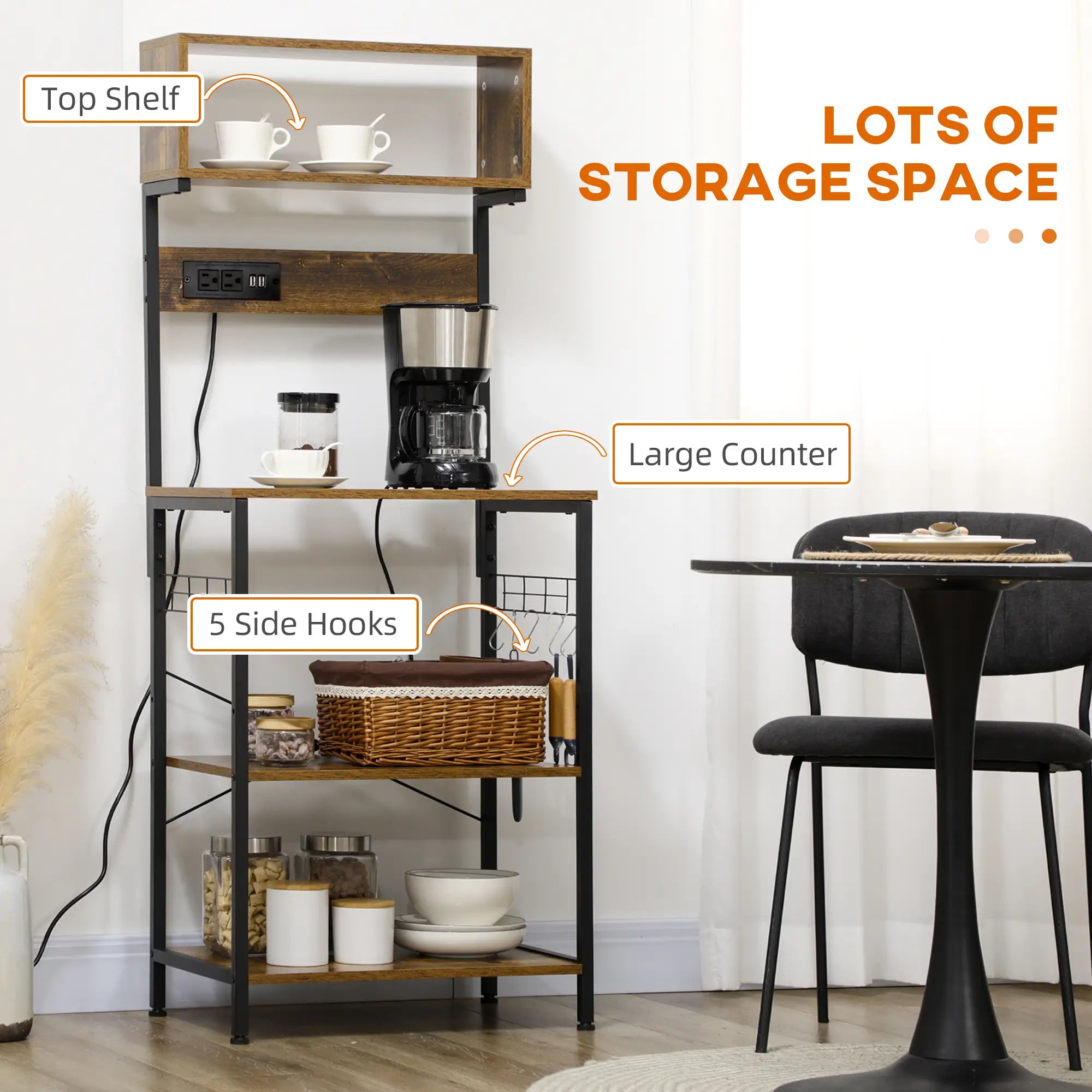 Baker's Rack with Charging Station, Microwave Shelf, Rustic Brown Storage Cabinets at Gallery Canada