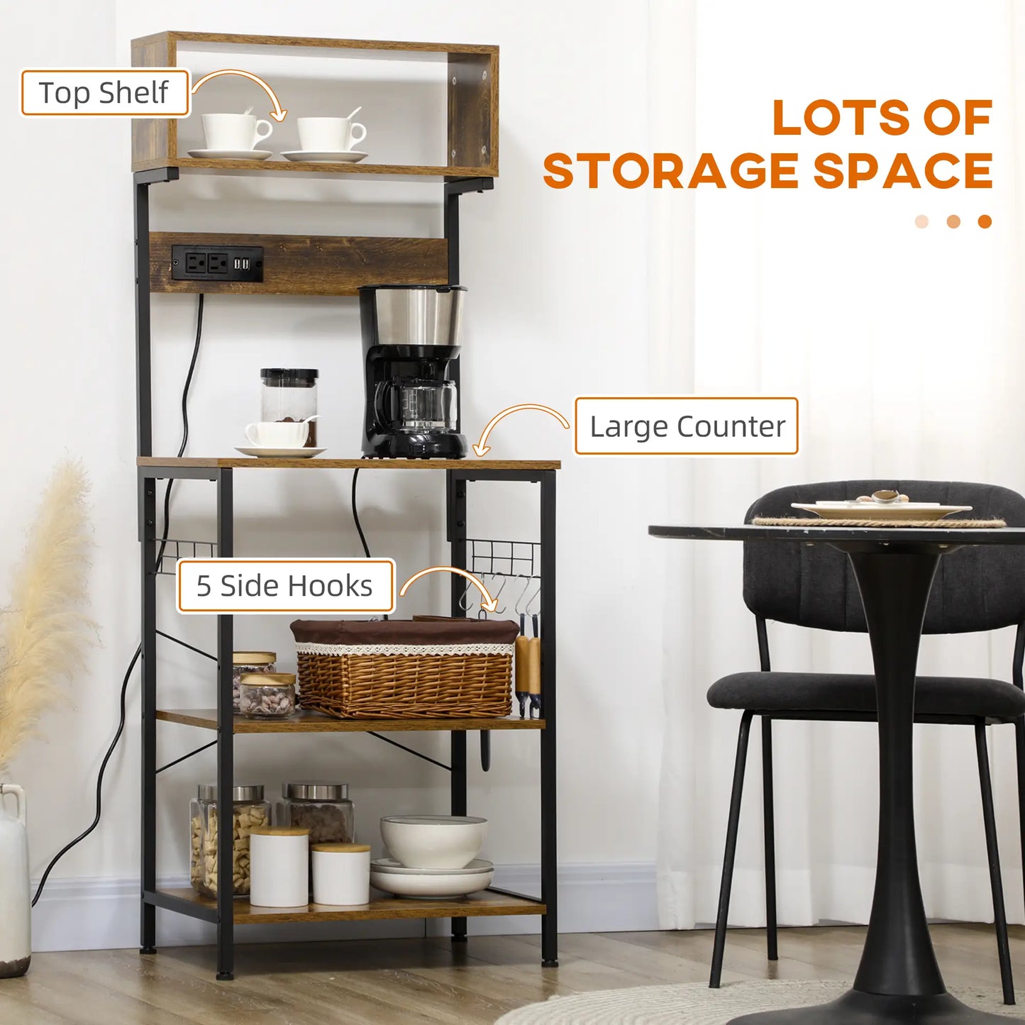 Baker's Rack with Charging Station, Microwave Shelf, Rustic Brown Storage Cabinets at Gallery Canada