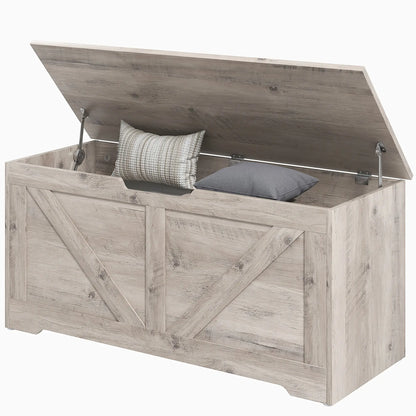 39.4 Inches Storage Chest, Wooden Box with Safety Hinges, Wood Grain, Grey Storage Cabinets Grey Wood Grain at Gallery Canada