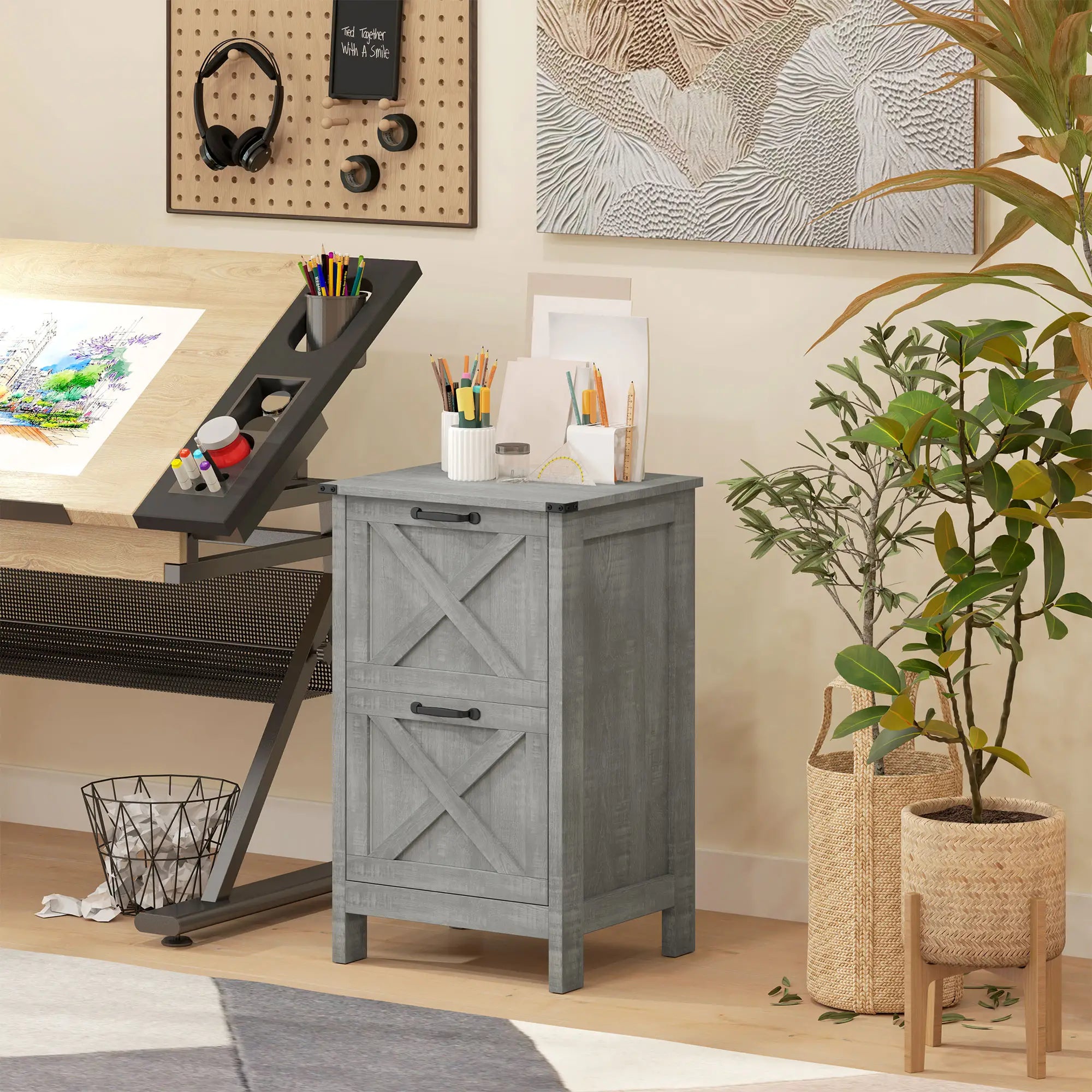 Vertical Filing Cabinet, 2 Drawers, Rustic Farmhouse, A4 Letter Size, Stone Grey Office Cabinets & Cupboards at Gallery Canada