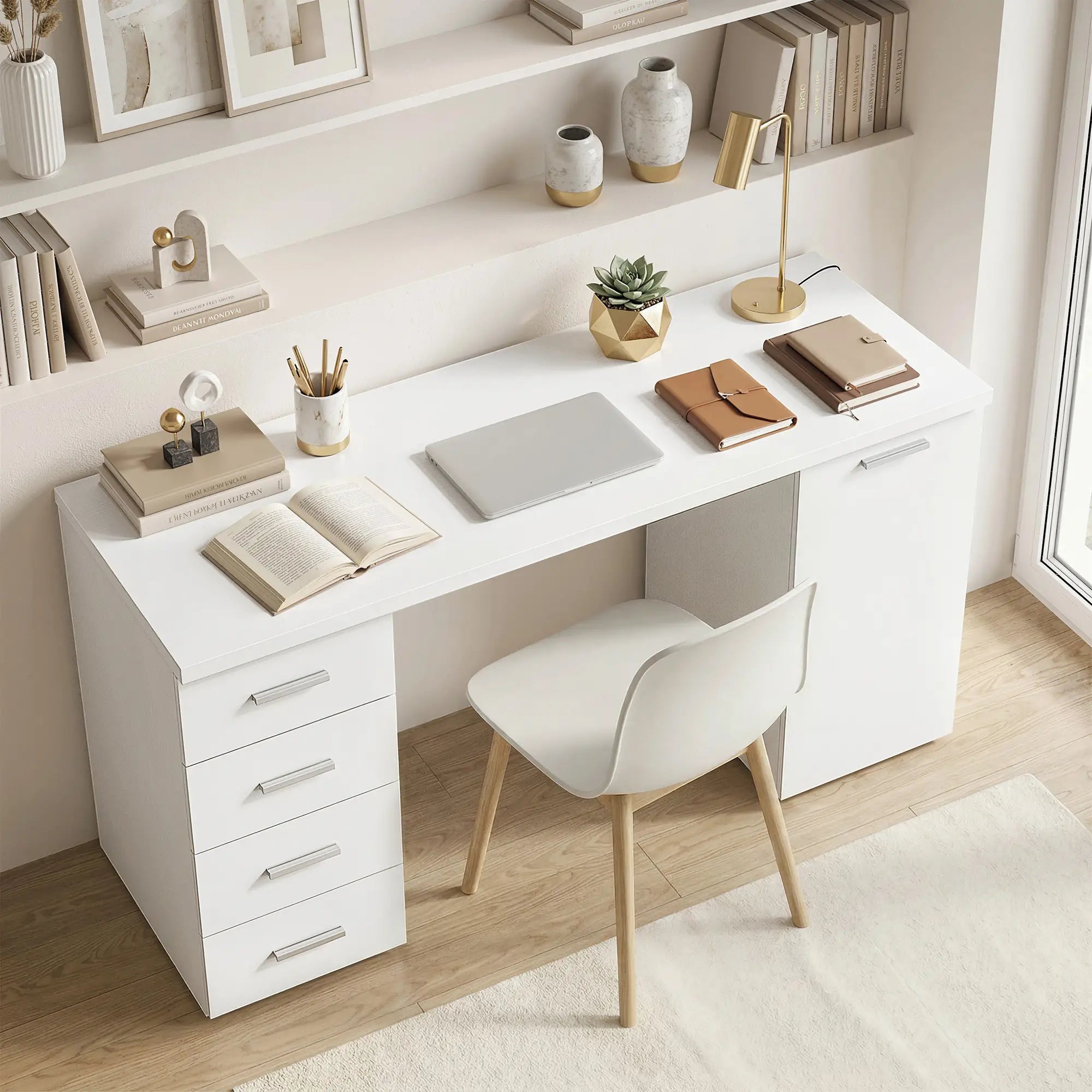 140 cm Computer Desk, Adjustable Shelf, Drawers, Cabinet, White Wood Grain, White Computer Desks at Gallery Canada