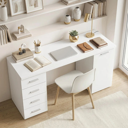 140 cm Computer Desk, Adjustable Shelf, Drawers, Cabinet, White Wood Grain, White Computer Desks at Gallery Canada