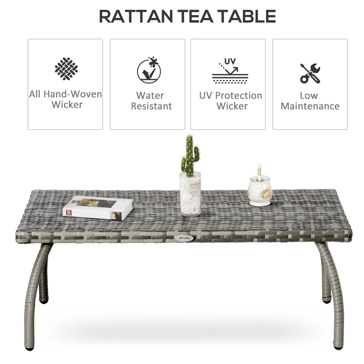 Table Basse en Rotin, 35,4" x 19,7", PE Tous Temps, Table d'Appoint d'Extérieur, Gris