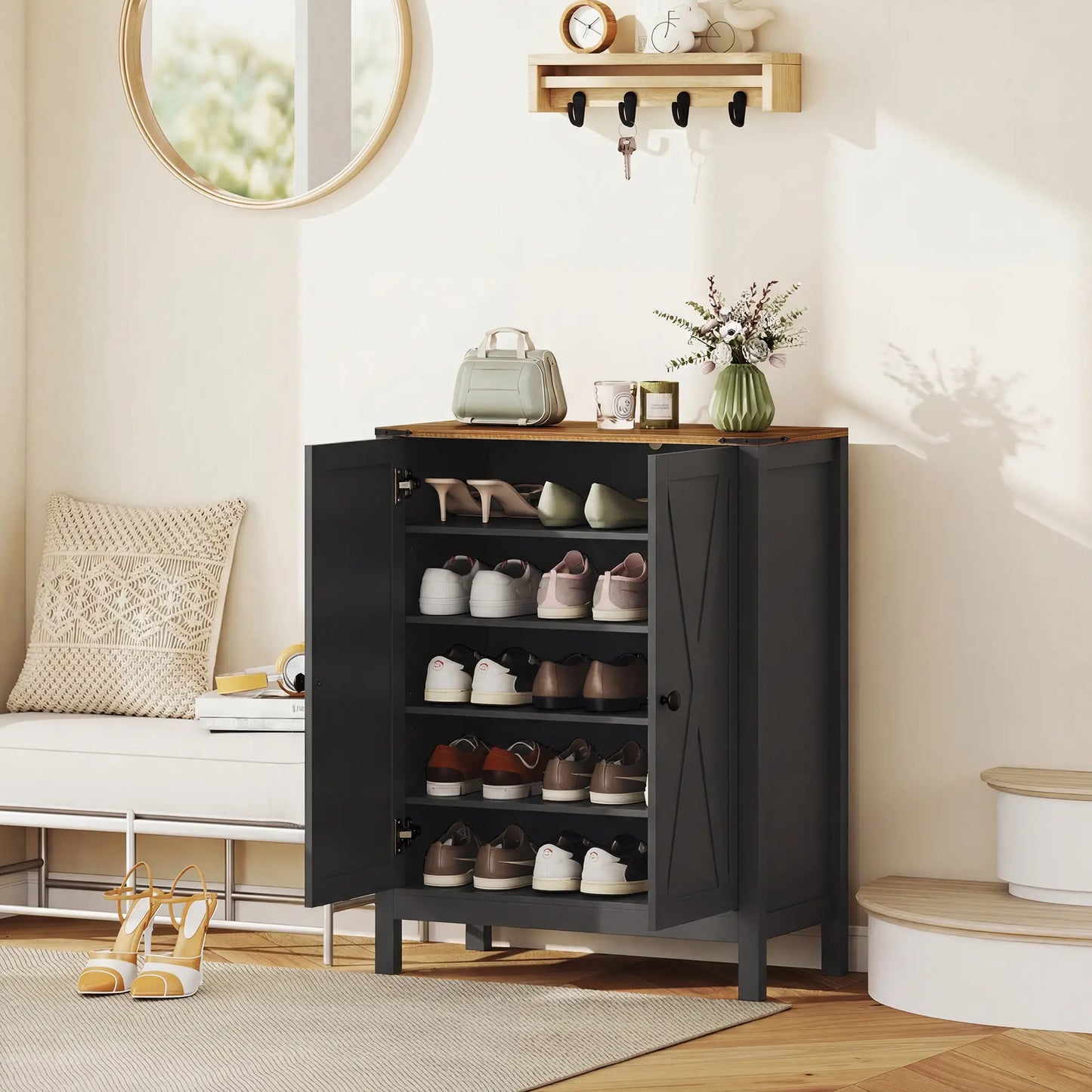 Shoe Cabinet With Barn Doors, Adjustable Shelves, 15 Pairs, Black Shoe Storage Cabinets & Racks at Gallery Canada