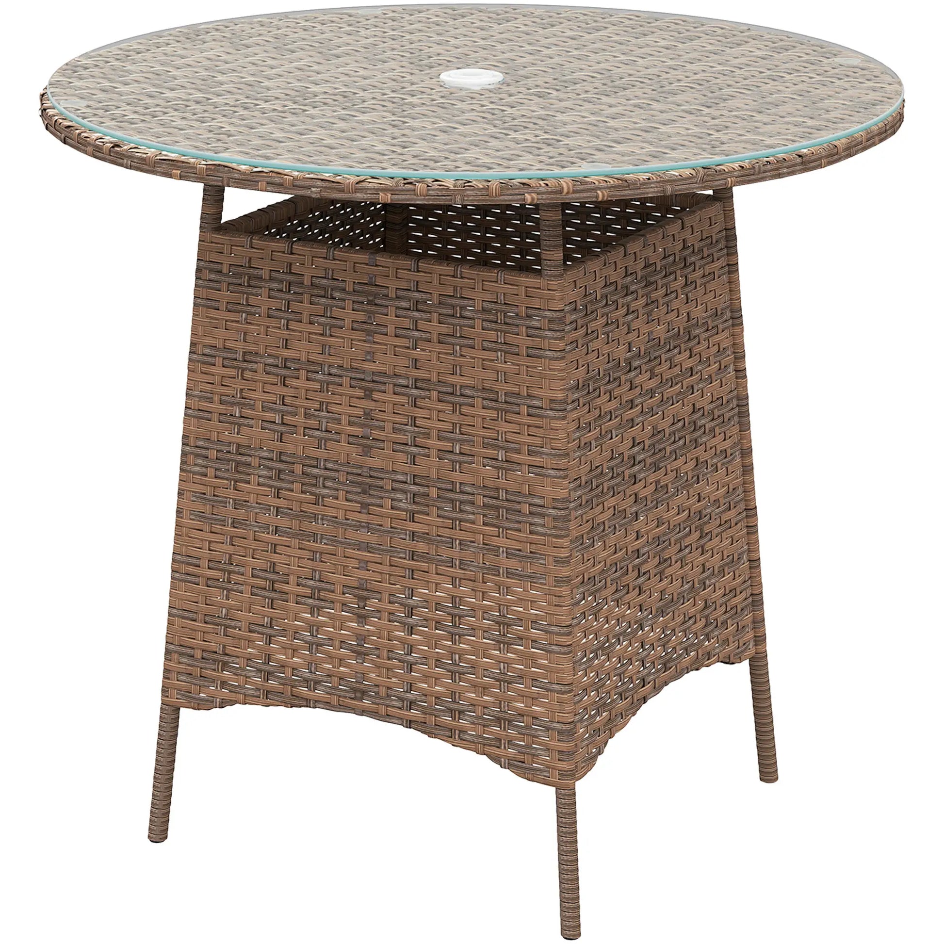 31.5" Round Patio Table with Umbrella Hole, Tempered Glass Top, Brown Coffee Tables Brown at Gallery Canada