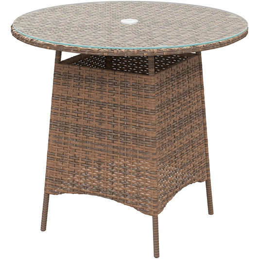 31.5" Round Patio Table with Umbrella Hole, Tempered Glass Top, Brown Coffee Tables Brown at Gallery Canada