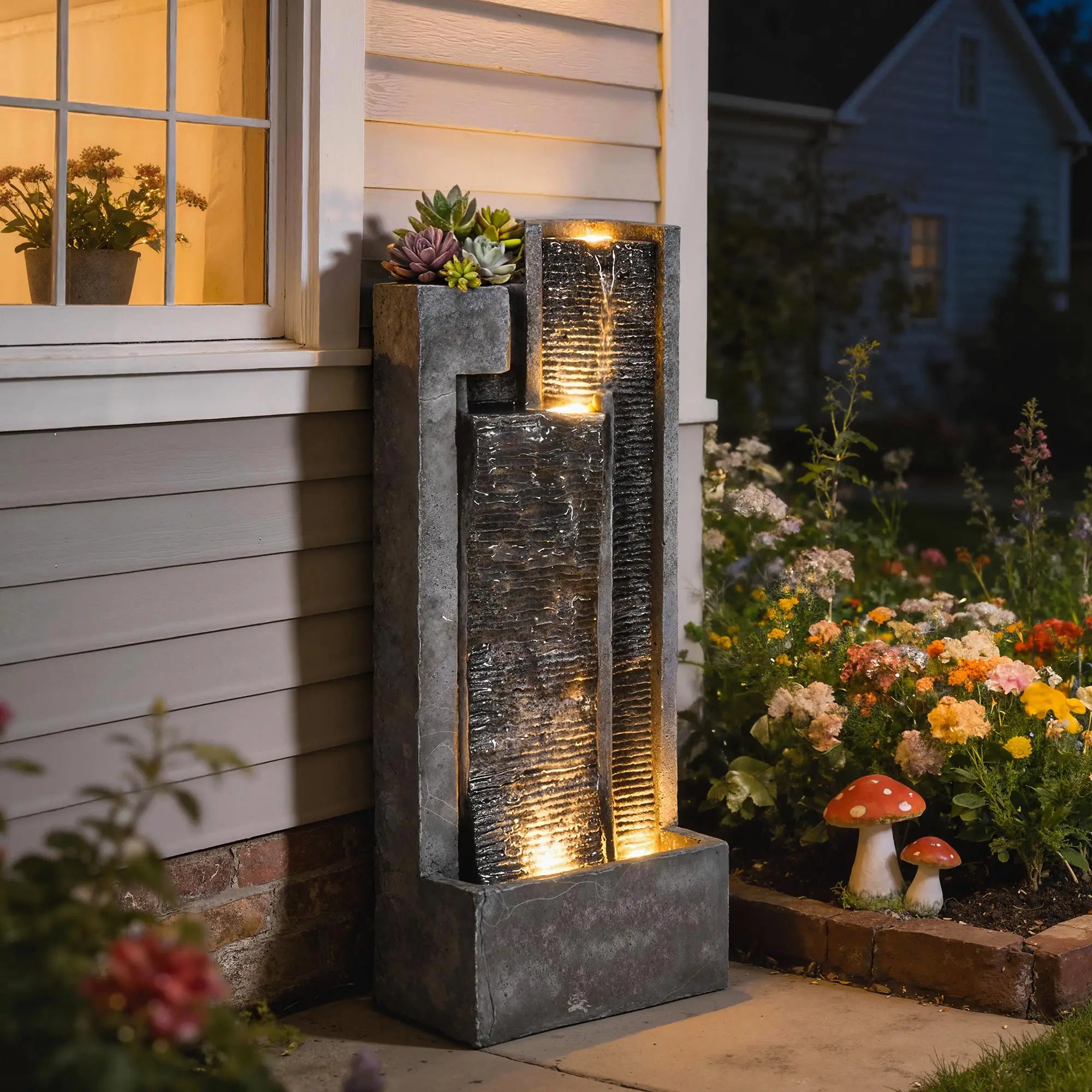 3-Tier Outdoor Water Fountain With LED Lights, Planter, Pump, Dark Grey Water Fountains at Gallery Canada
