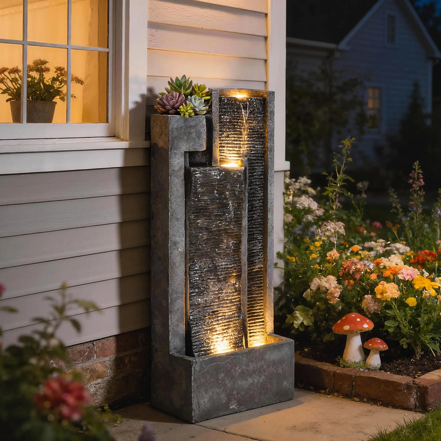 3-Tier Outdoor Water Fountain With LED Lights, Planter, Pump, Dark Grey Water Fountains at Gallery Canada