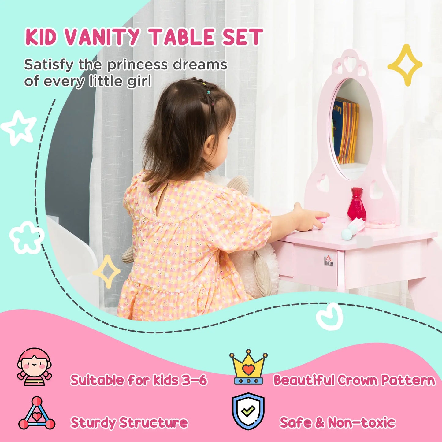 Kids Vanity Set with Mirror, Stool, Drawer, 3-6 Years, Pink Toy Vanity at Gallery Canada