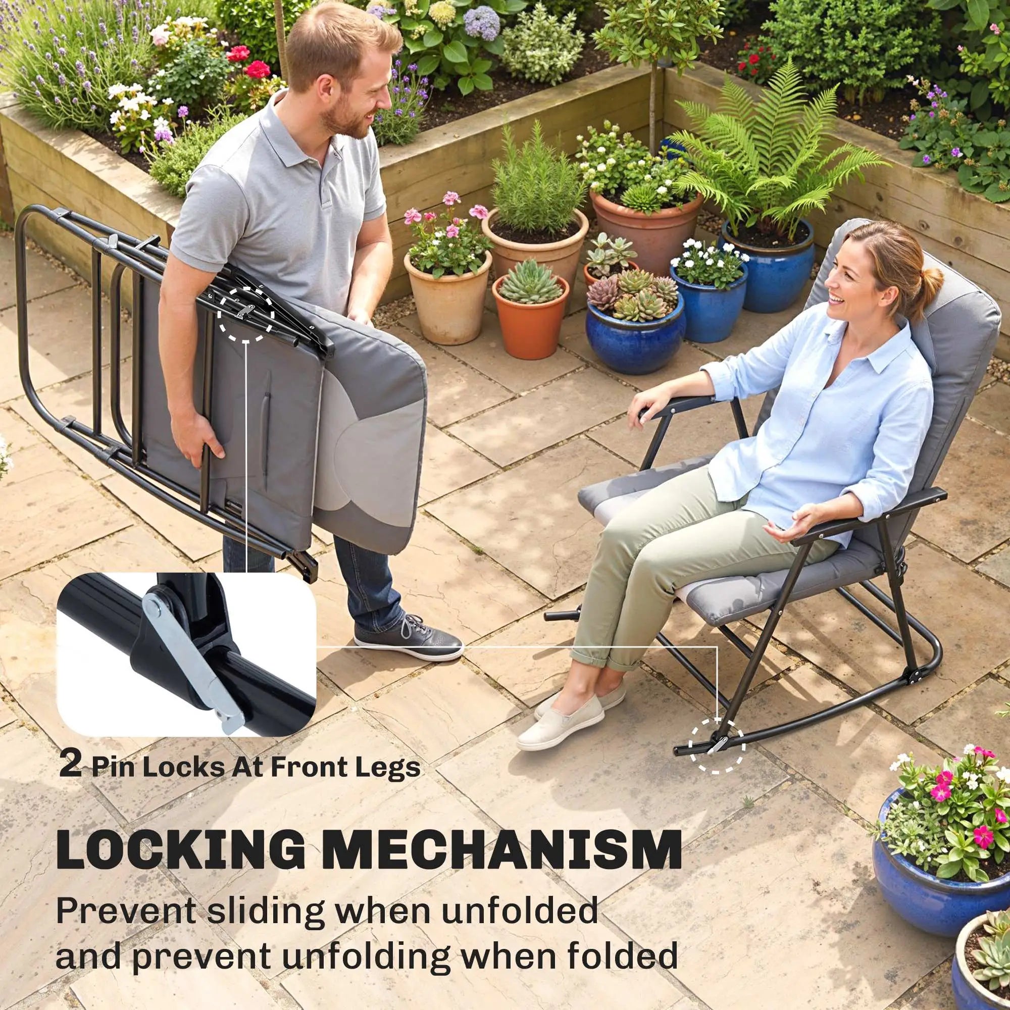 Folding Rocking Chair Set, 2 Padded Rockers with Armrest, Light Grey Outdoor Rocking Chairs at Gallery Canada