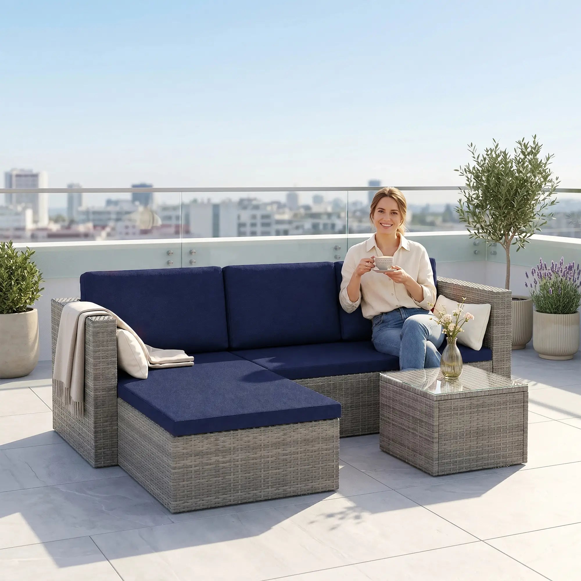 3Pc Rattan Sofa Set With Coffee Table, Cushions, Pillows Patio Furniture Sets at Gallery Canada